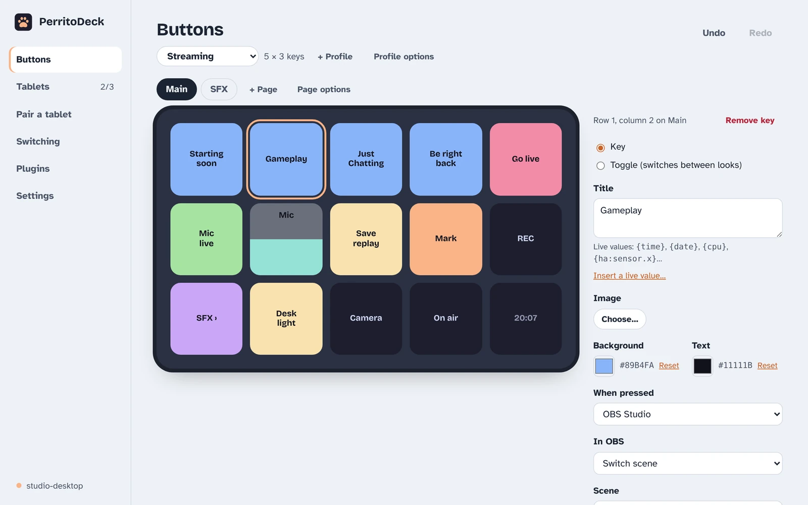 The PerritoDeck desktop app's Buttons page: a tablet-shaped grid of keys, with the selected key's title, colours and OBS action on the right