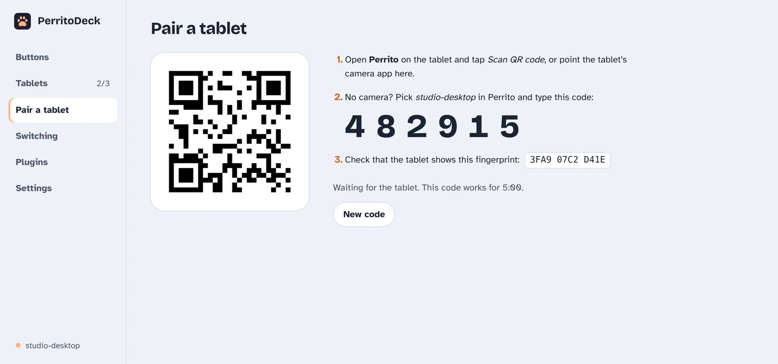 Pairing a tablet: a QR code and a six-digit code on the computer
