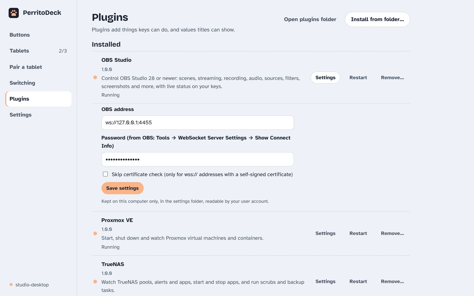 The Plugins page: installed plugins with their state, and a button to find more online