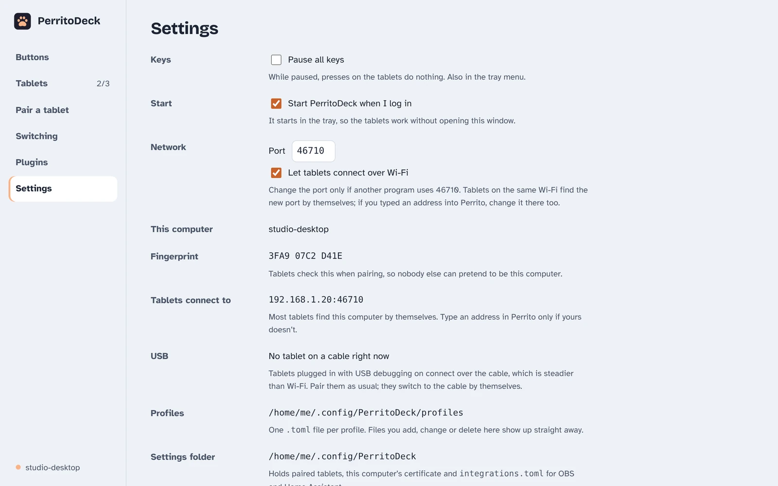 Settings: the port, Let tablets connect over Wi-Fi, this computer's fingerprint, the address tablets connect to, and whether a tablet is on the USB cable