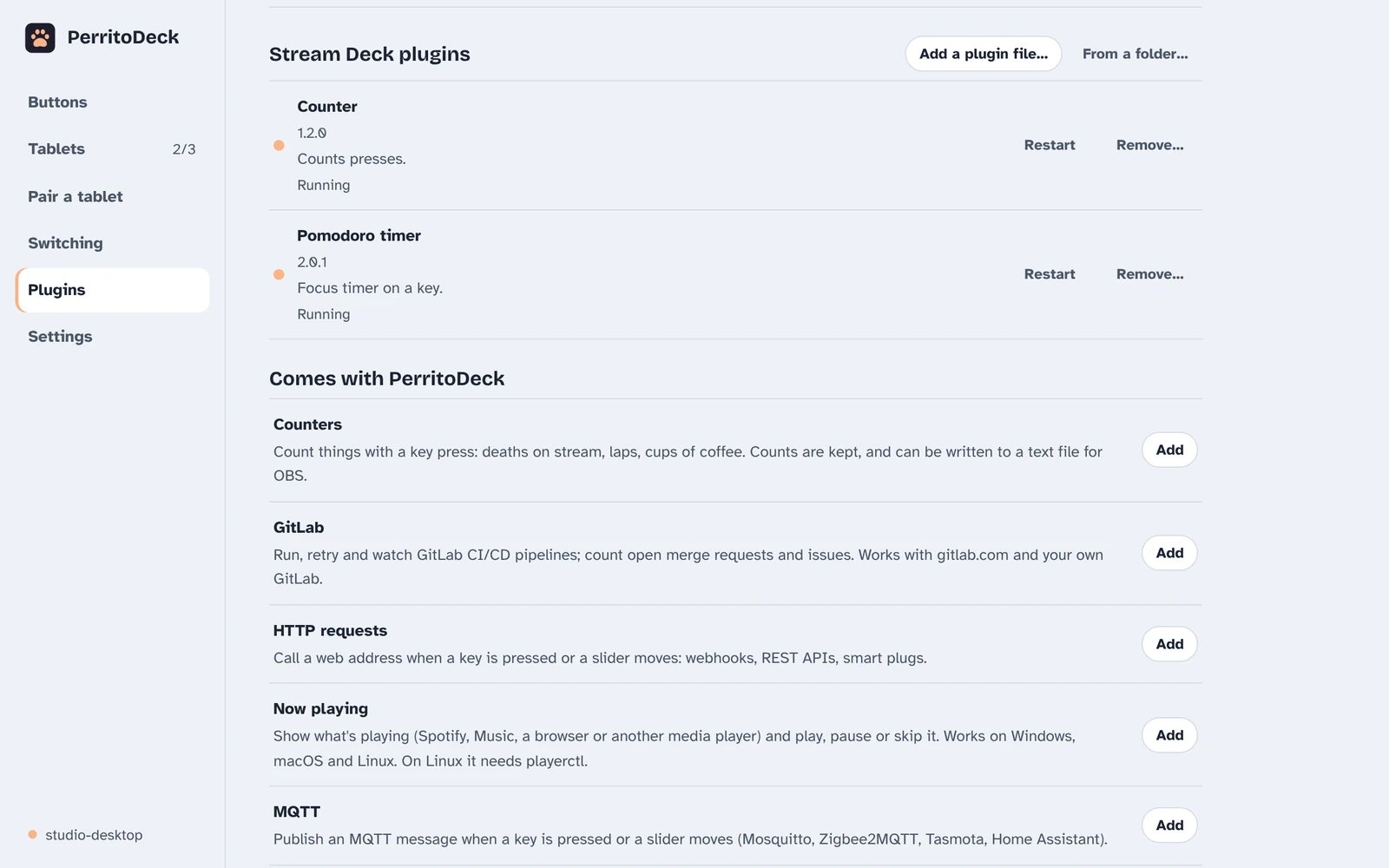 The Stream Deck plugins section of the Plugins page: two plugins running, with Add a plugin file and From a folder buttons