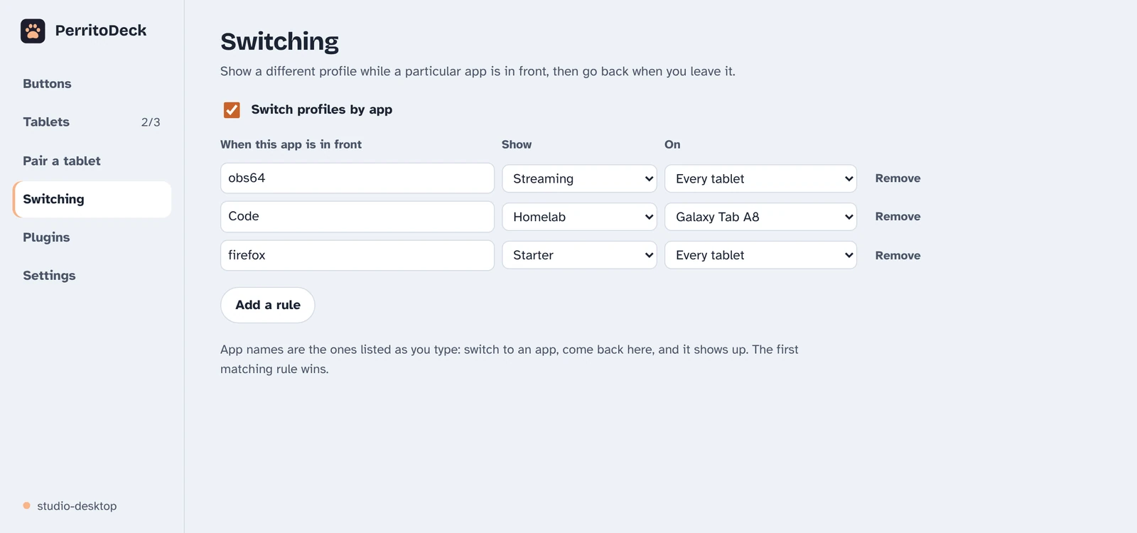 The Switching page: rules that pick a profile for each app