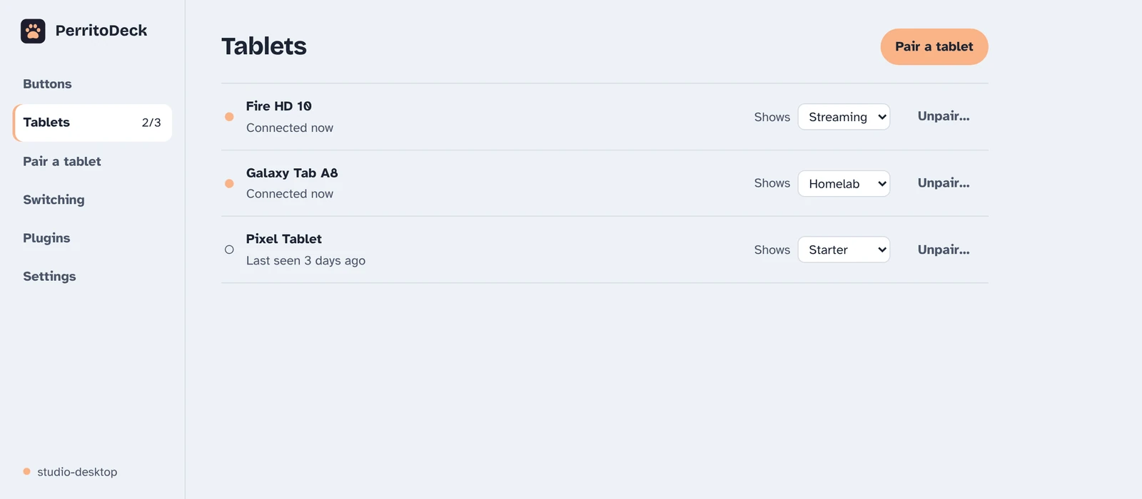 The Tablets page: three paired tablets, each with whether it's connected, a Shows menu with its profile, and Unpair