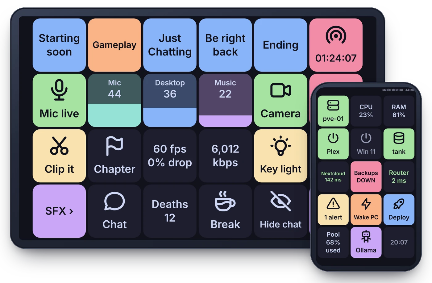 A tablet showing a grid of streaming keys (scenes, mic level, a stream timer) and a phone showing homelab keys (server status, CPU, uptime checks)